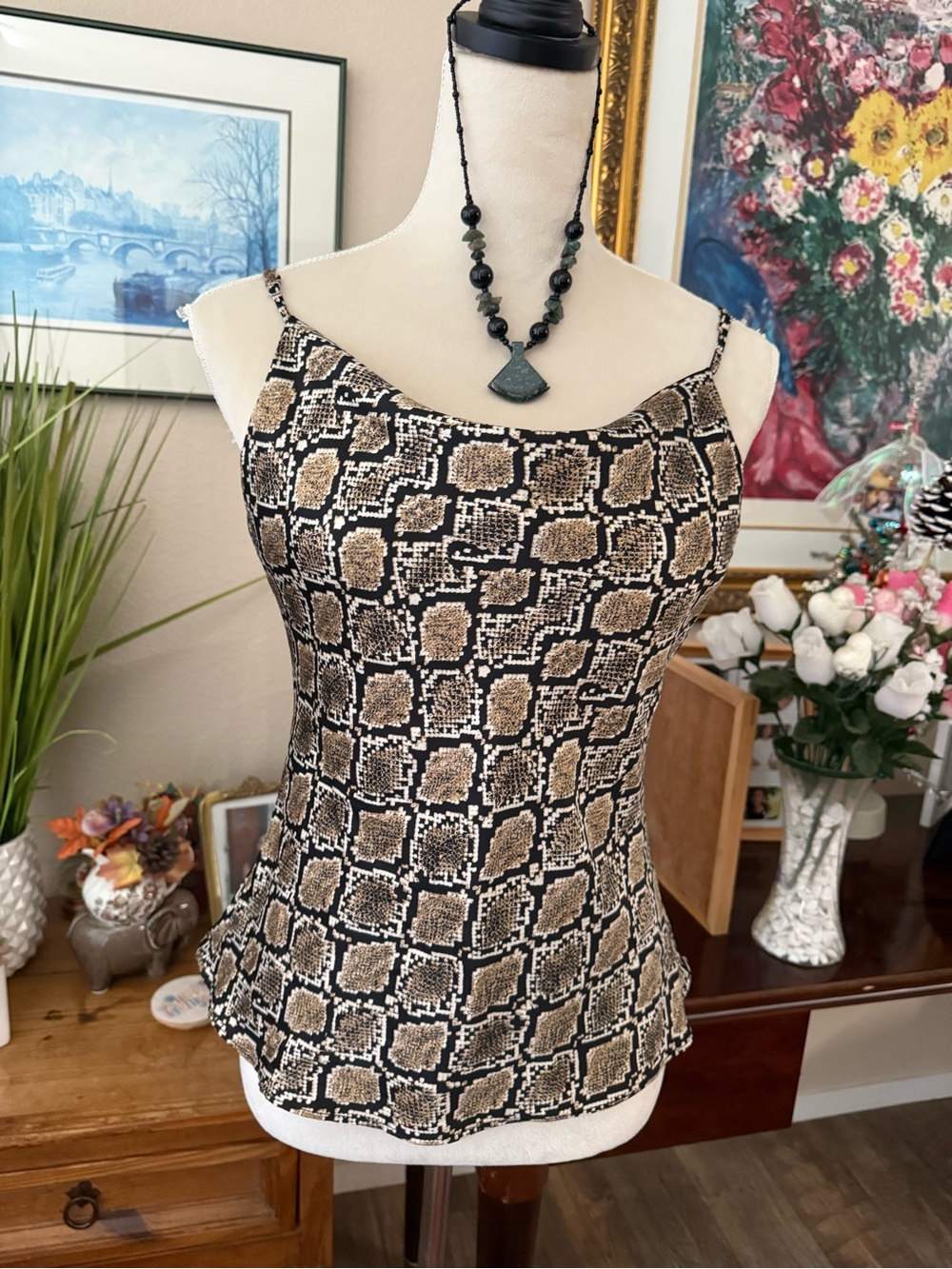Women’s Black and Tan Patterned Cami Tank Top